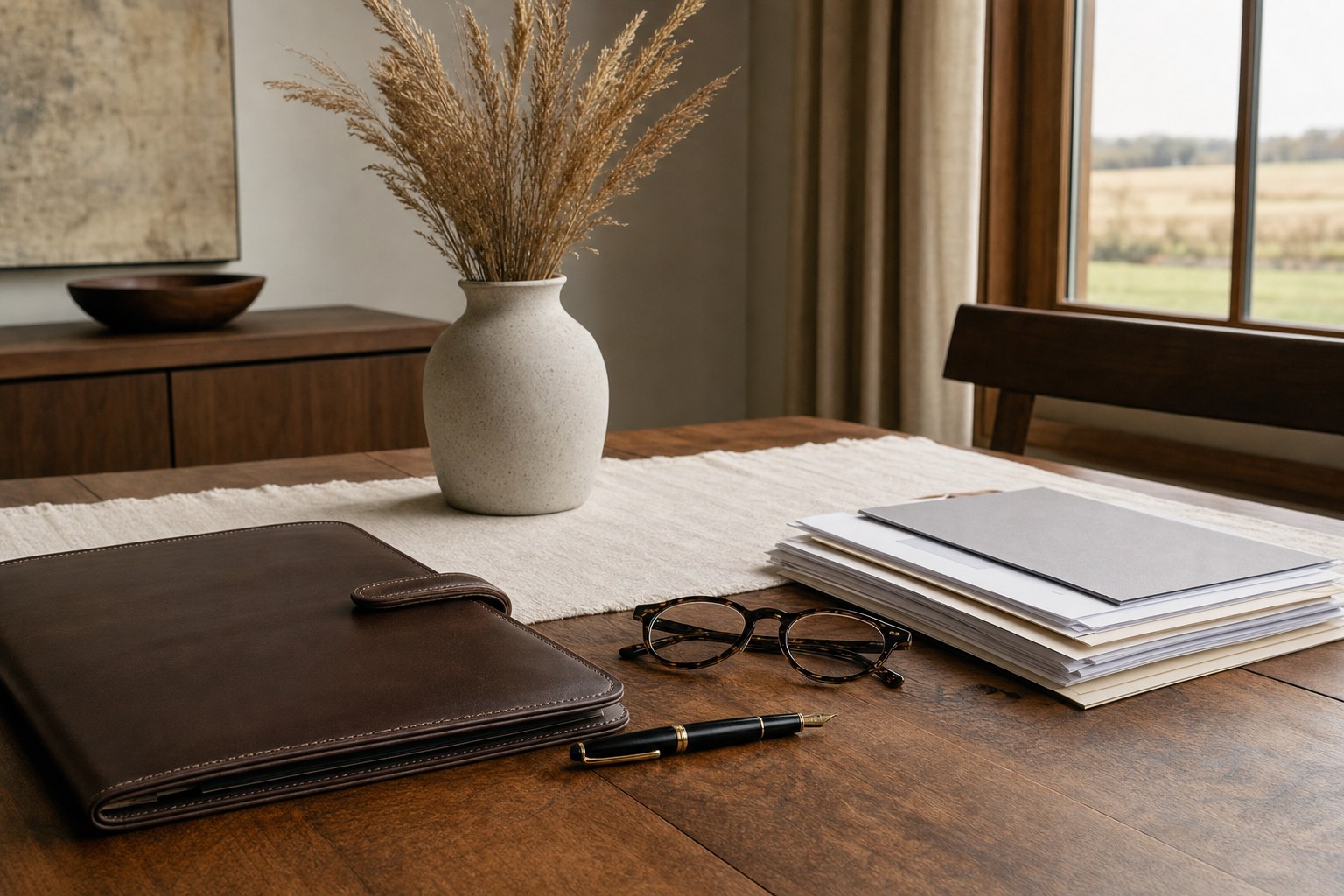 A thoughtfully organized planning table with a leather folio and papers