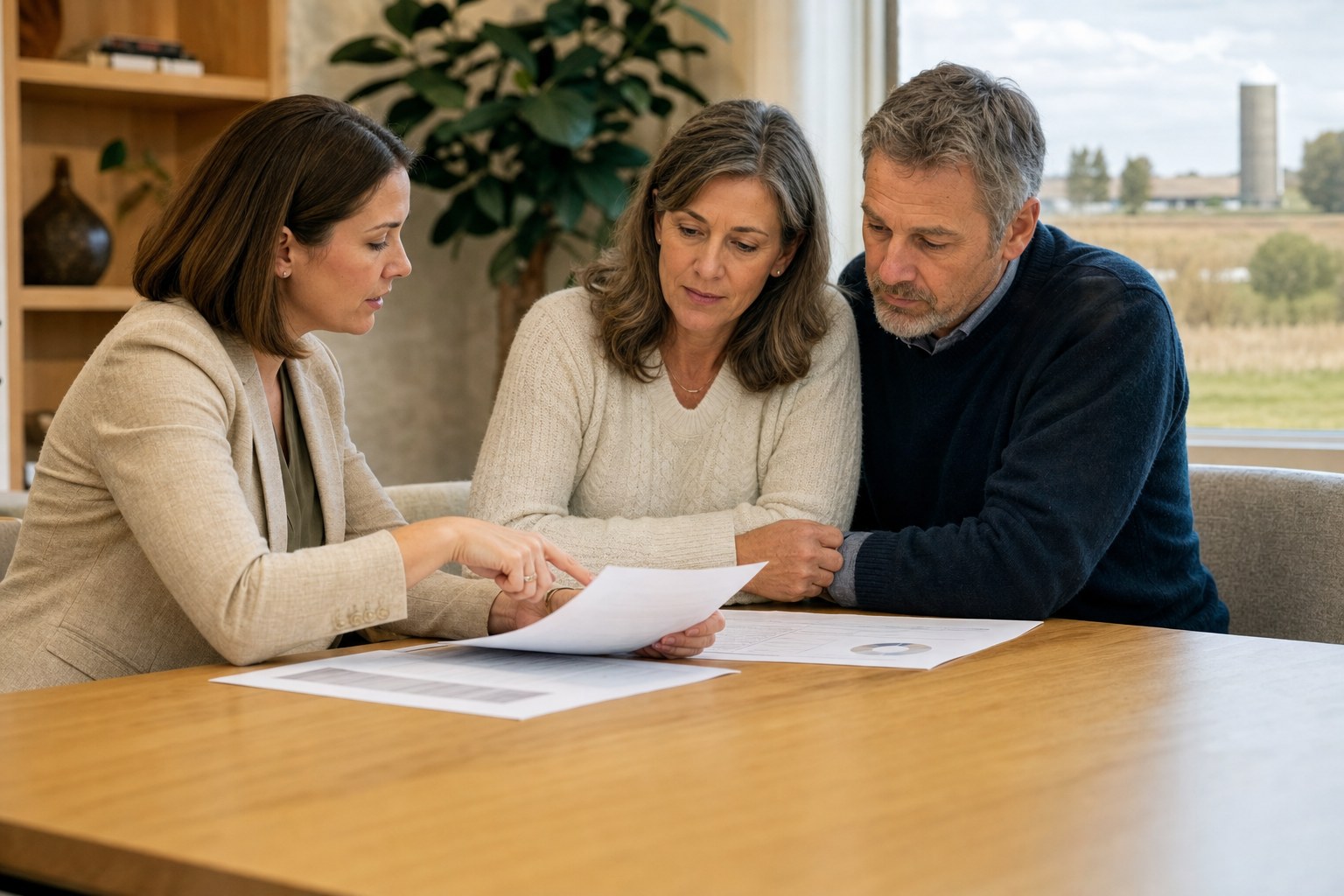 Advisor and a couple reviewing a plan together at a table