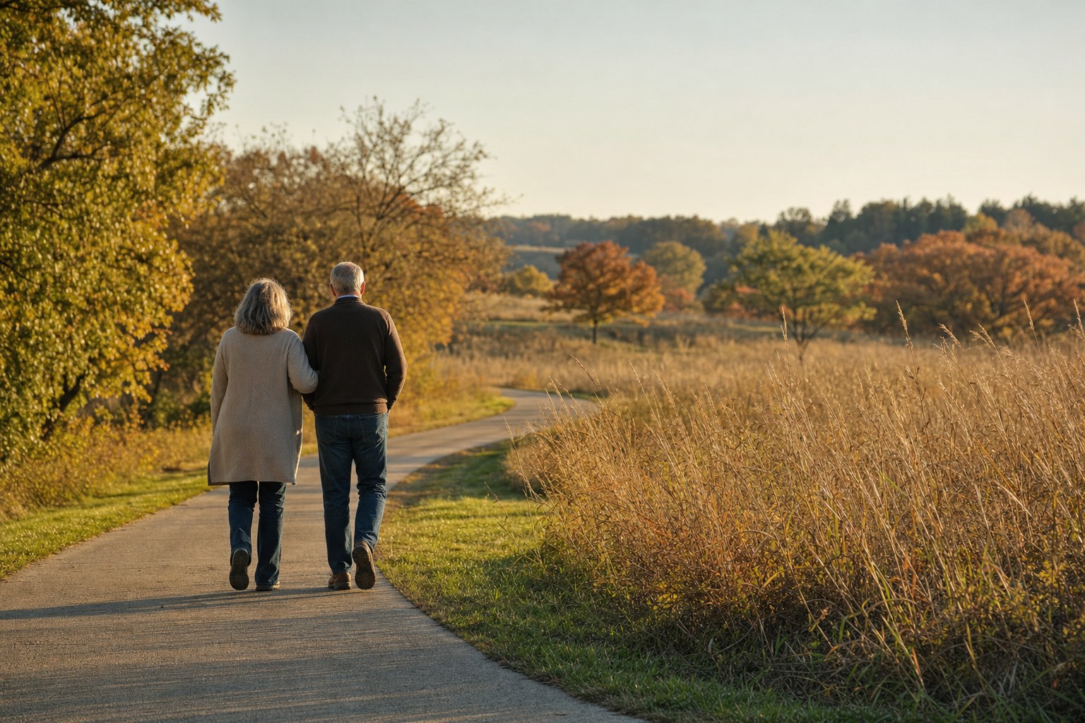 A couple walking together along a prairie path