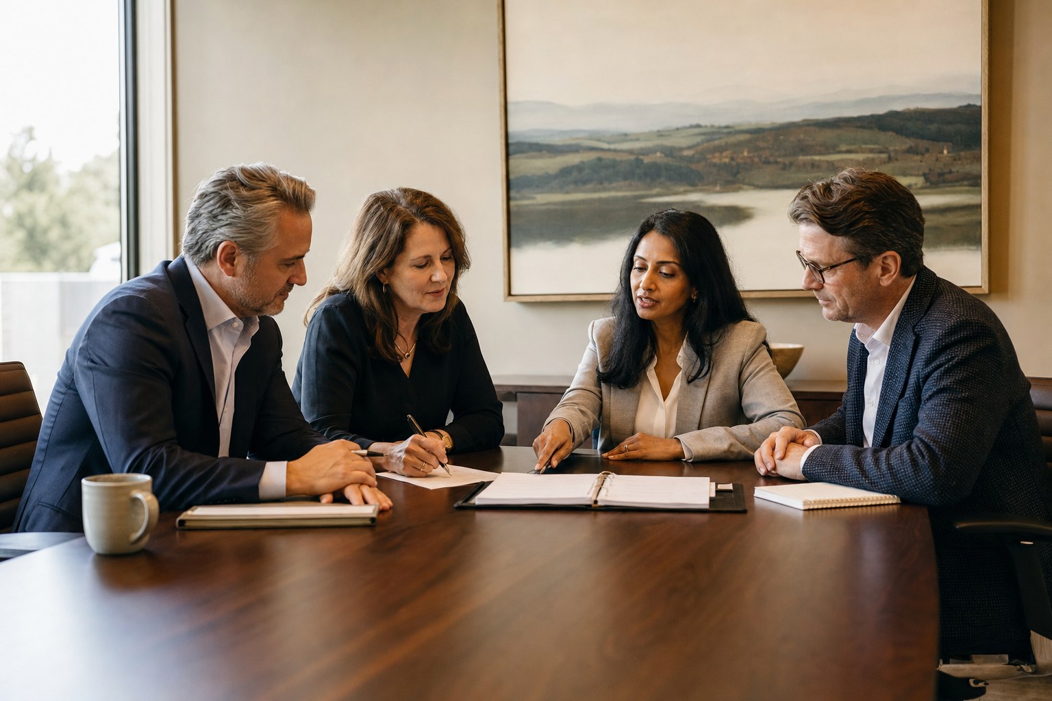 Four advisors collaborating around a conference table